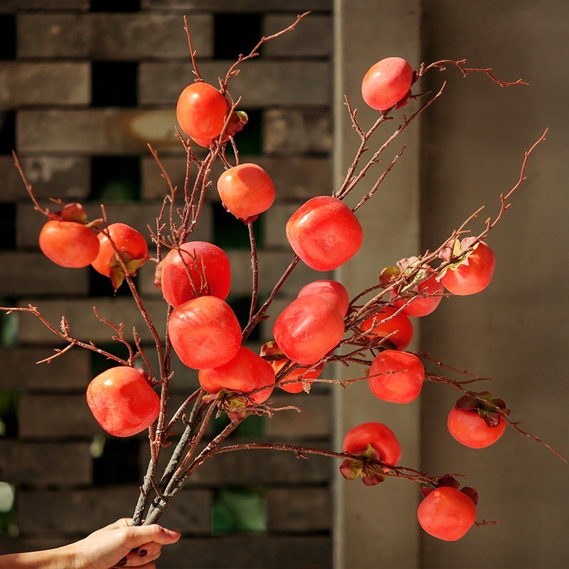 Cành quả hồng vuông 7 quả rang trí decor nhà cửa, đạo cụ chụp ảnh - Hoa lụa trang trí trang nhã - Ảnh 3