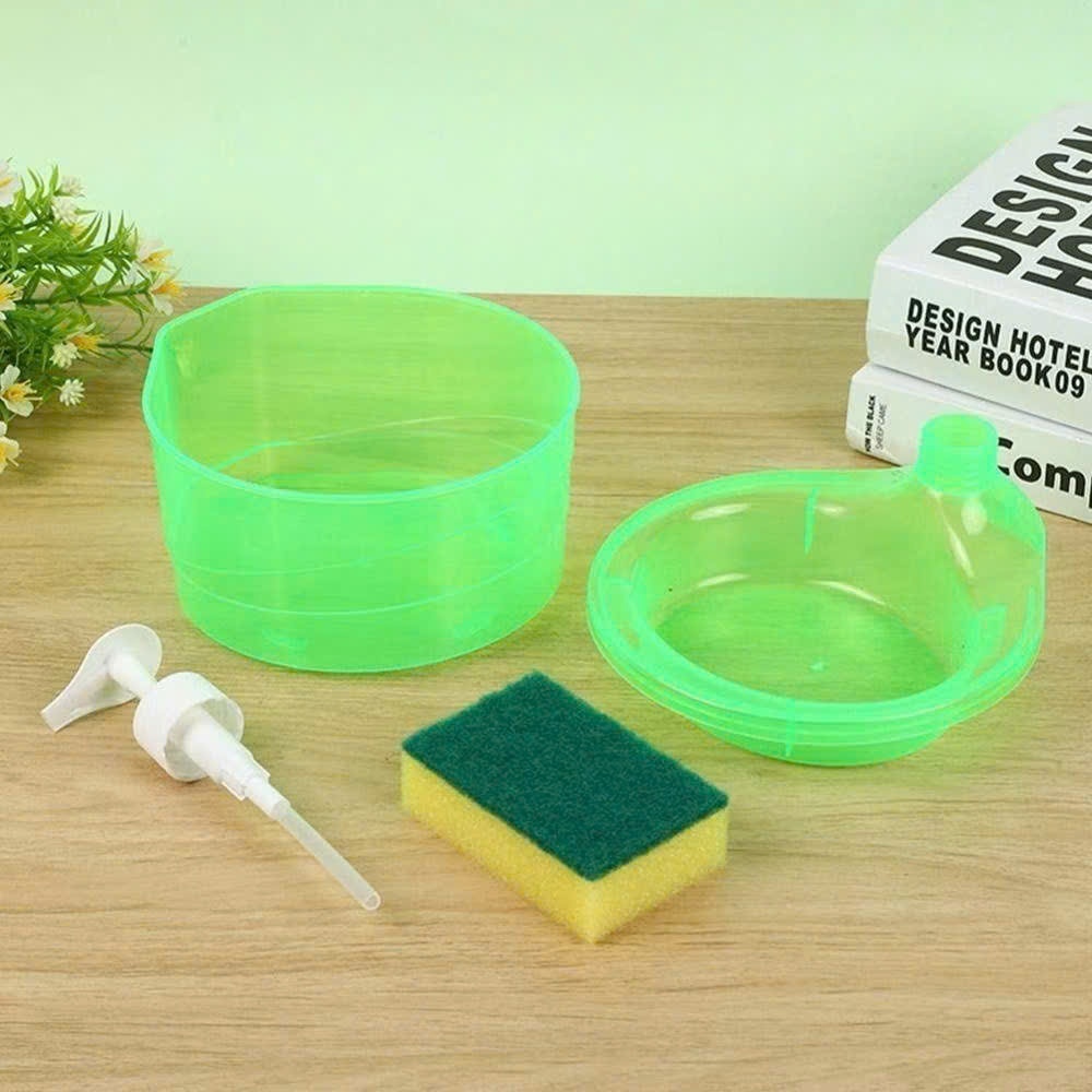 Bộ Hộp Đựng Kèm Bơm Nước Rửa Chén 2in1 + Miếng Bọt Biển Tiện Lợi – Dụng Cụ Rửa Bát Nhà Bếp